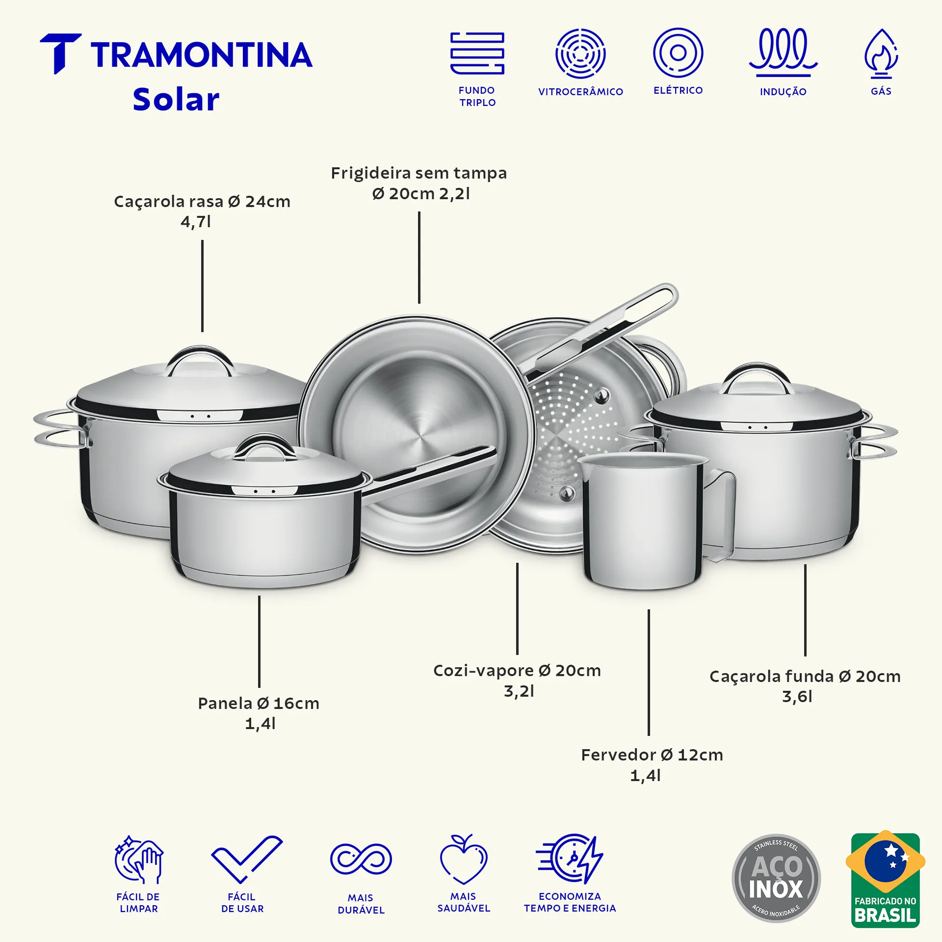 Jogo de Panelas Tramontina Solar Inox 6 Peças - foto 2